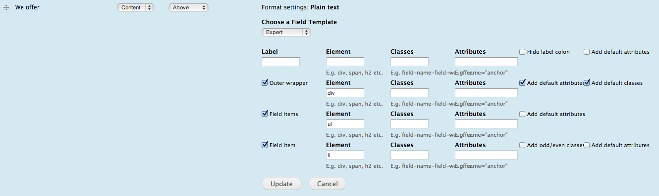 List settings for expert field settings